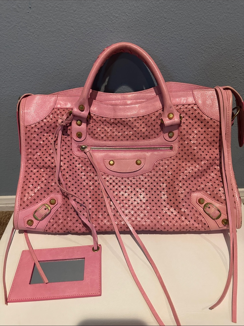 Balenciaga Pink Perforated Leather Satchel